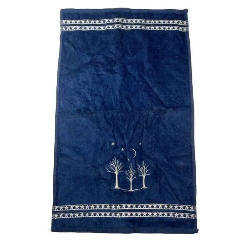 Vtg. Santens Christmas Embroidered Silver Tree Blue Towel NWT 16x26